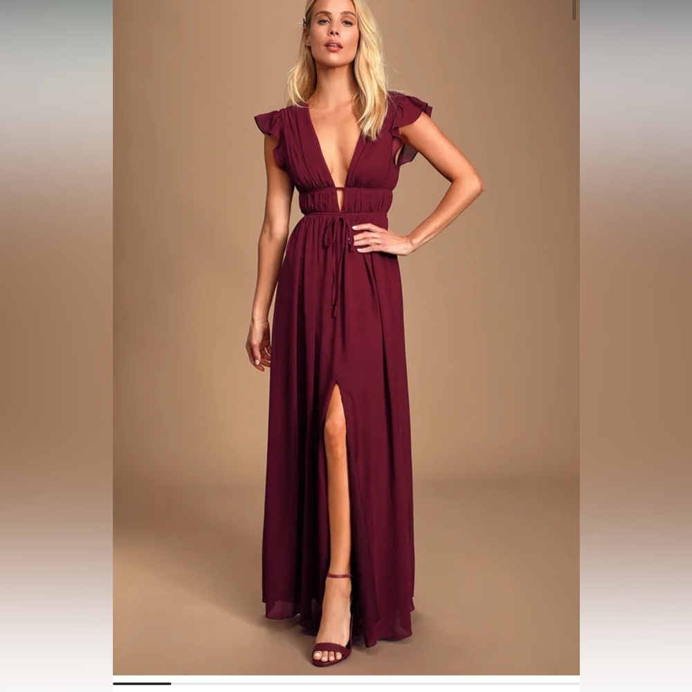 Lulu’s I'm All Yours Burgundy Ruffled Maxi Dress